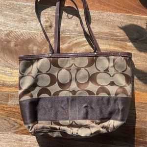 Coach Brown/Tan Tote Bag with Signature Canvas and Stripe